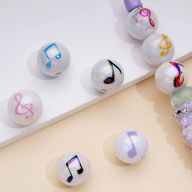 Shiny Glossy Music Notes White Round Acrylic Beads, Random Mix, 16MM