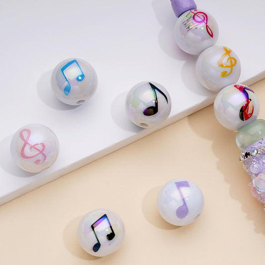 Shiny Glossy Music Notes White Round Acrylic Beads, Random Mix, 16MM