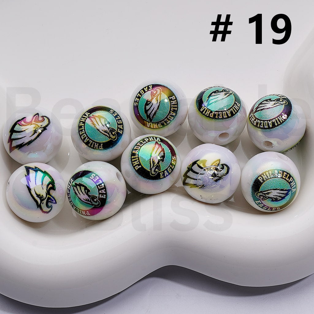UV Coating USA American Football Teams NF Round Acrylic Beads, 16MM, Random Mix Teams and Single Team are Both Available to Choose