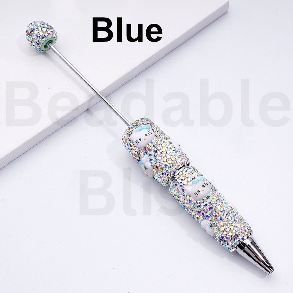 Beadable Clay Pens with Cute HK Kitten Head AB Rhinestones Covered the Entire Pen, Random Mix