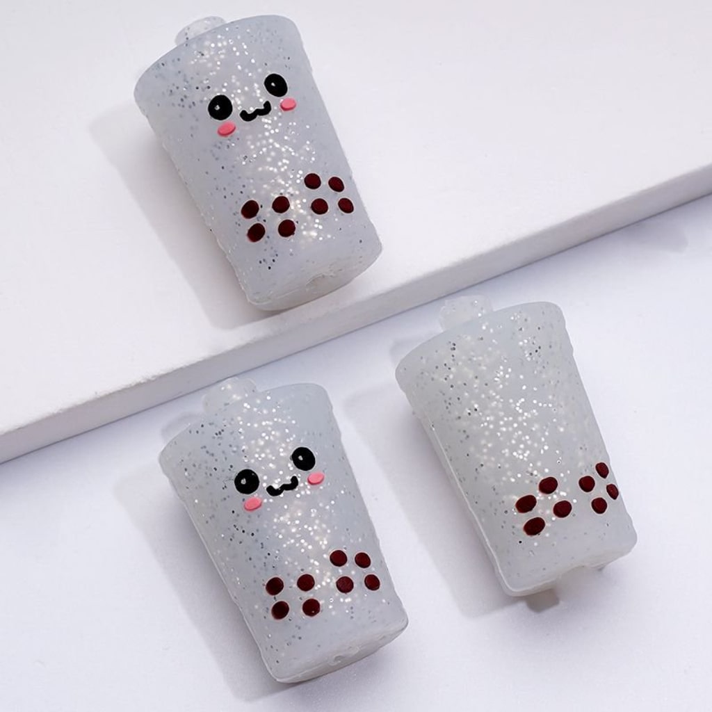 3D Cute Smile Face Glitter Bubble Pearl Milk Tea Bottle Cup Silicone Focal Beads