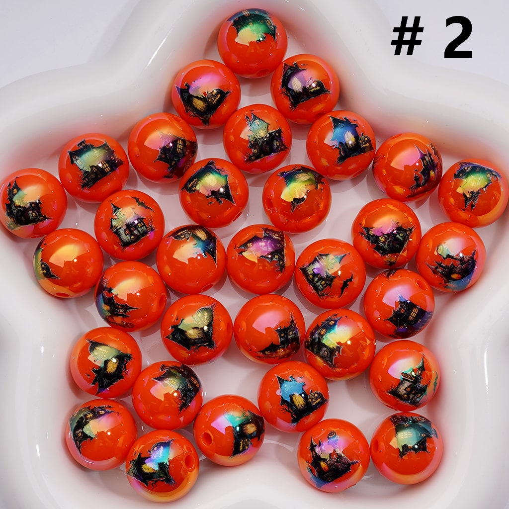 Orange Color Halloween Series Ghost Face Pumpkin White Ghost Skeleton Skull Head Black Cat Bat Wizard House Printed Acrylic Beads, 16MM (Single Color is available for 200pcs(Whole bag))
