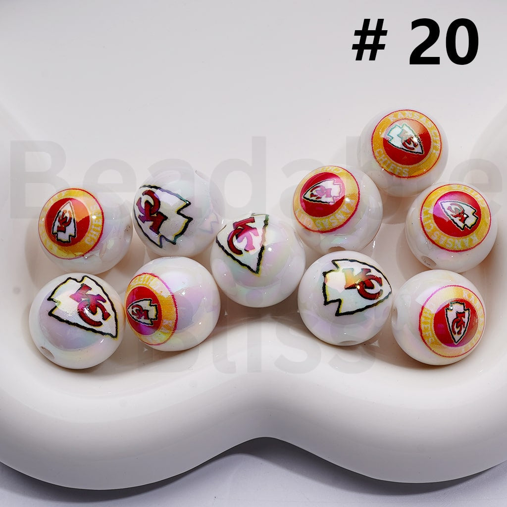 UV Coating USA American Football Teams NF Round Acrylic Beads, 16MM, Random Mix Teams and Single Team are Both Available to Choose
