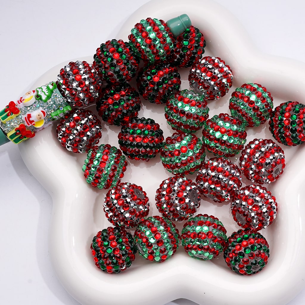Double Color Shiny Rhinestones Stripes Round Acrylic Beads, 20MM
