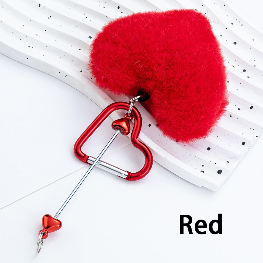 DIY Beadable Metal Heart Shape Keychain with Bar Large Pom Pom Heart , Around 160MM