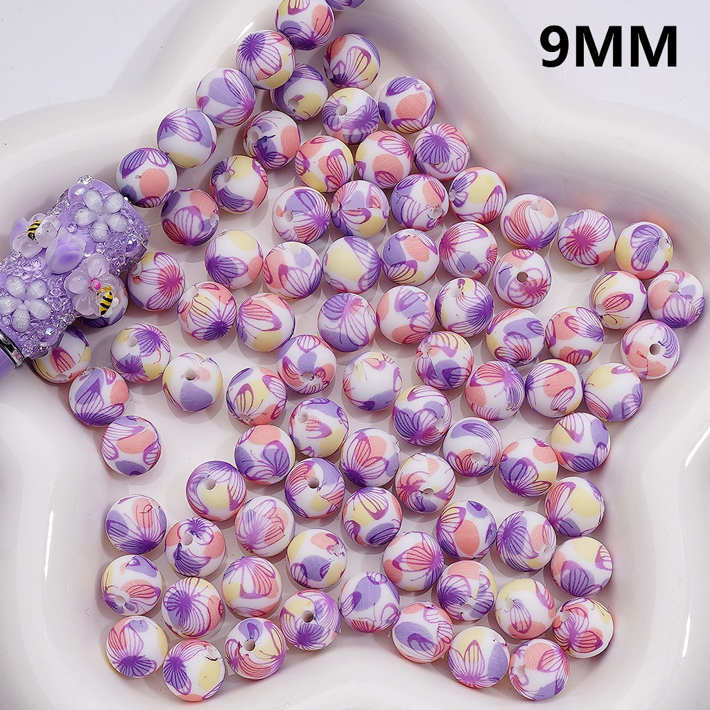 Purple Butterfly Colorful Printed Silicone Beads 9MM, Number Z-00263