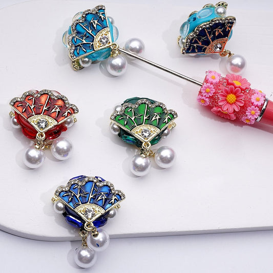 Exquisite Fancy Gold Alloy Vintage Fan with Clear Rhinestones White Pearls Pendants Clay Beads, Around 30*24MM