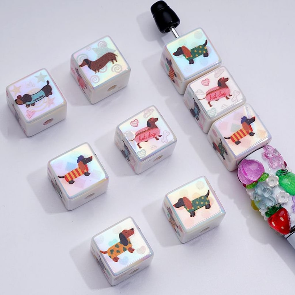 UV Coating Cute Dachshund Sausage Dog Cube Square Acrylic Beads, 16MM, Random Mix