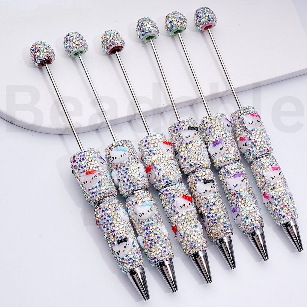 Beadable Clay Pens with Cute HK Kitten Head AB Rhinestones Covered the Entire Pen, Random Mix