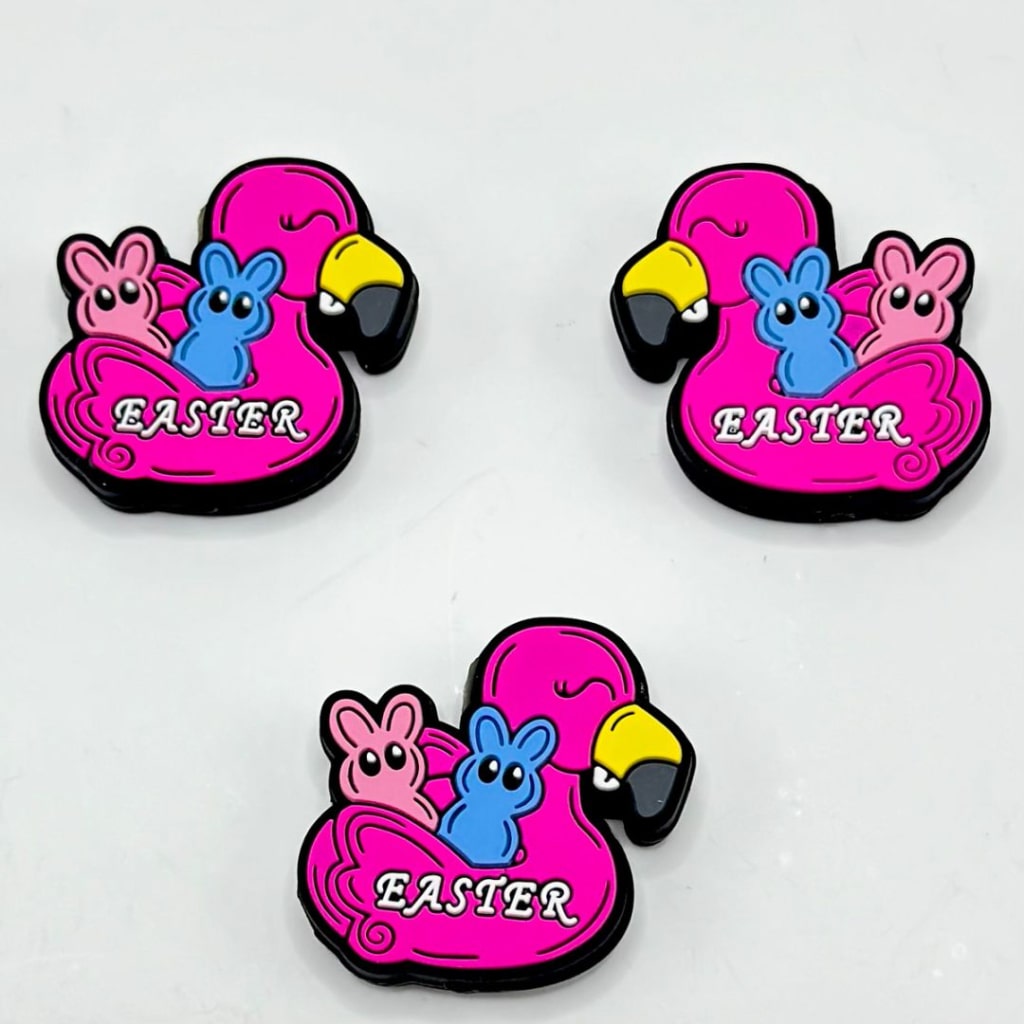 かわいいローズレッドダックが2匹の小さなウサギを連れてくるイースターシリコンフォーカルビーズ