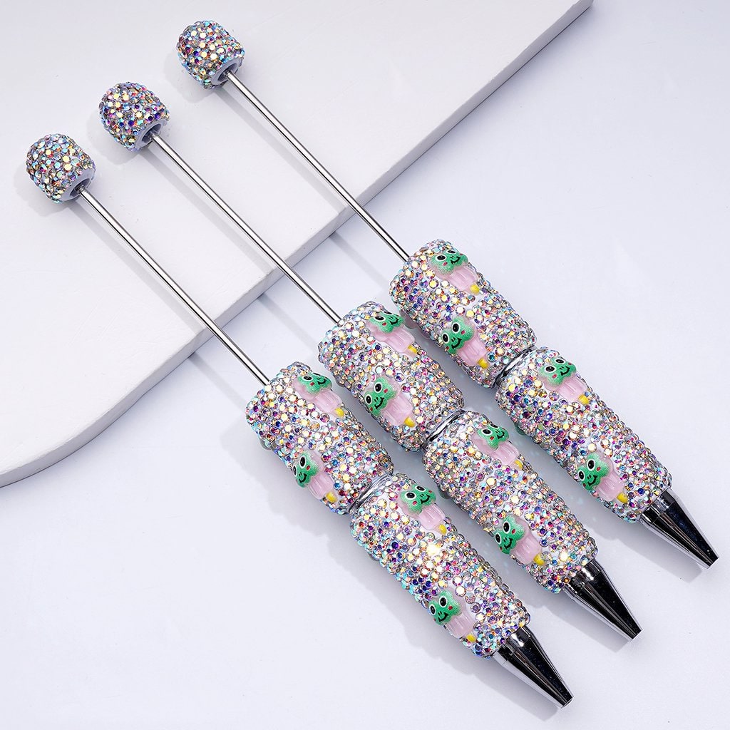Beadable Clay Pens with Cute Green Frog with Sweet Ice Cream Stick AB Rhinestones Covered the Entire Pen