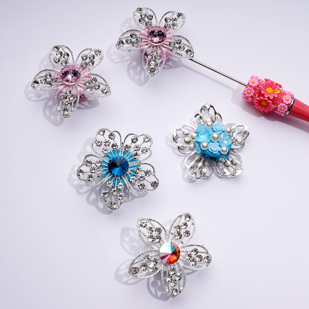 Bling Bling Fancy Silver Alloy Flowers with Mini Clear & Colorful Rhinestones Cute Hearts Butterflies Flowers White Pearls Clay Beads, Around 48MM