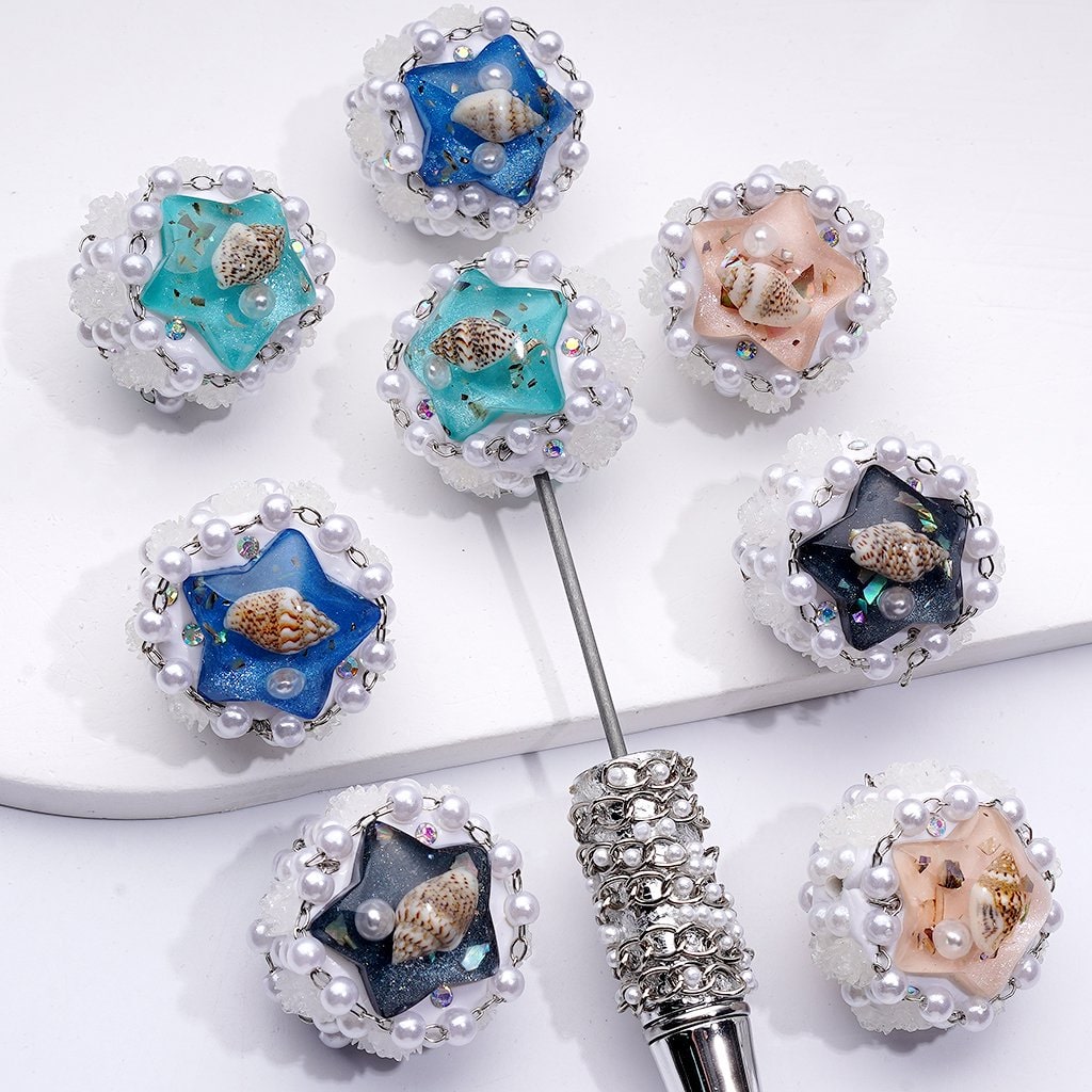 Multi-Color Glitter Star Mini Shell Inside White Pearls Chains Cute Flowers Clay Beads, 28MM, Random Mix