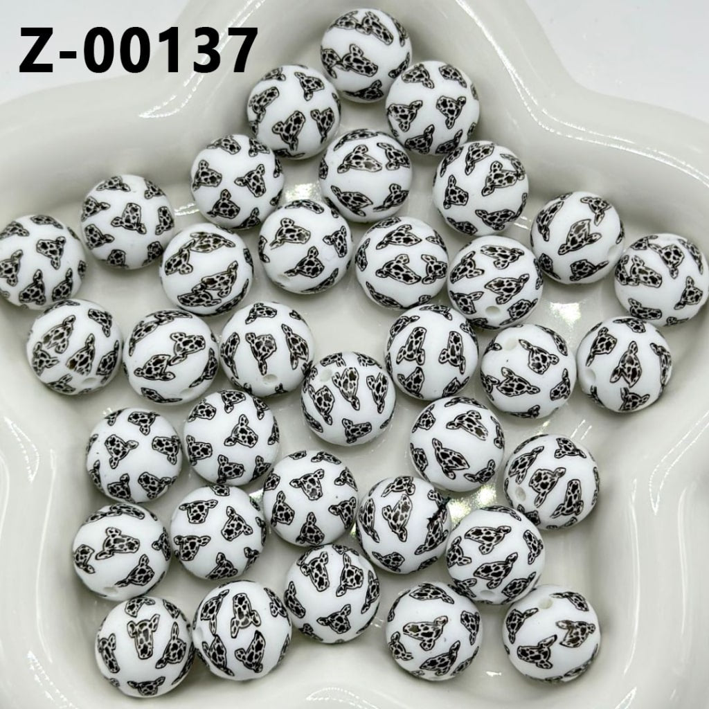 ブラックホワイトの牛の頭の白い丸型プリントシリコンビーズ 15mm、番号 Z-00137