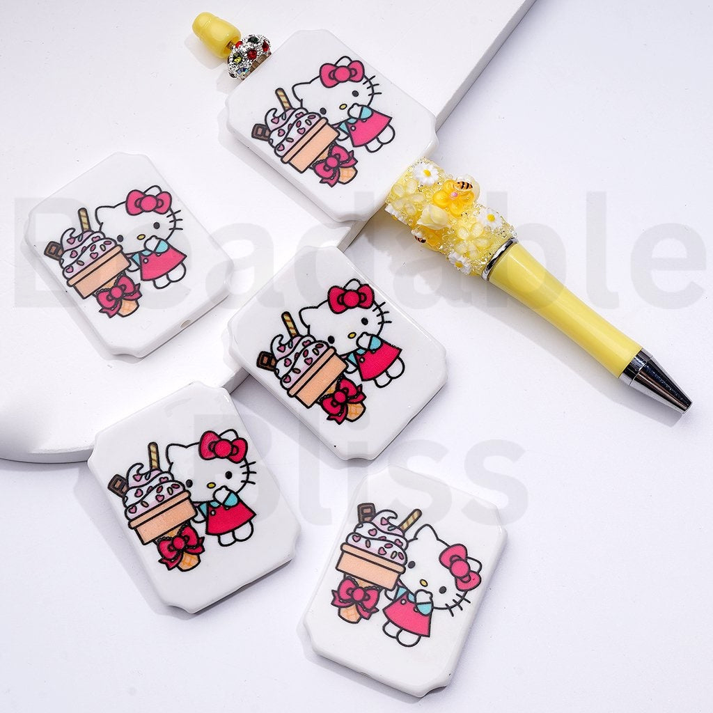 Cute HK Kitten with Blue Wings Ice Cream Drives a Car Unicorn Balloons Sanri Rectangle Flat Acrylic Beads, Around 45*35MM