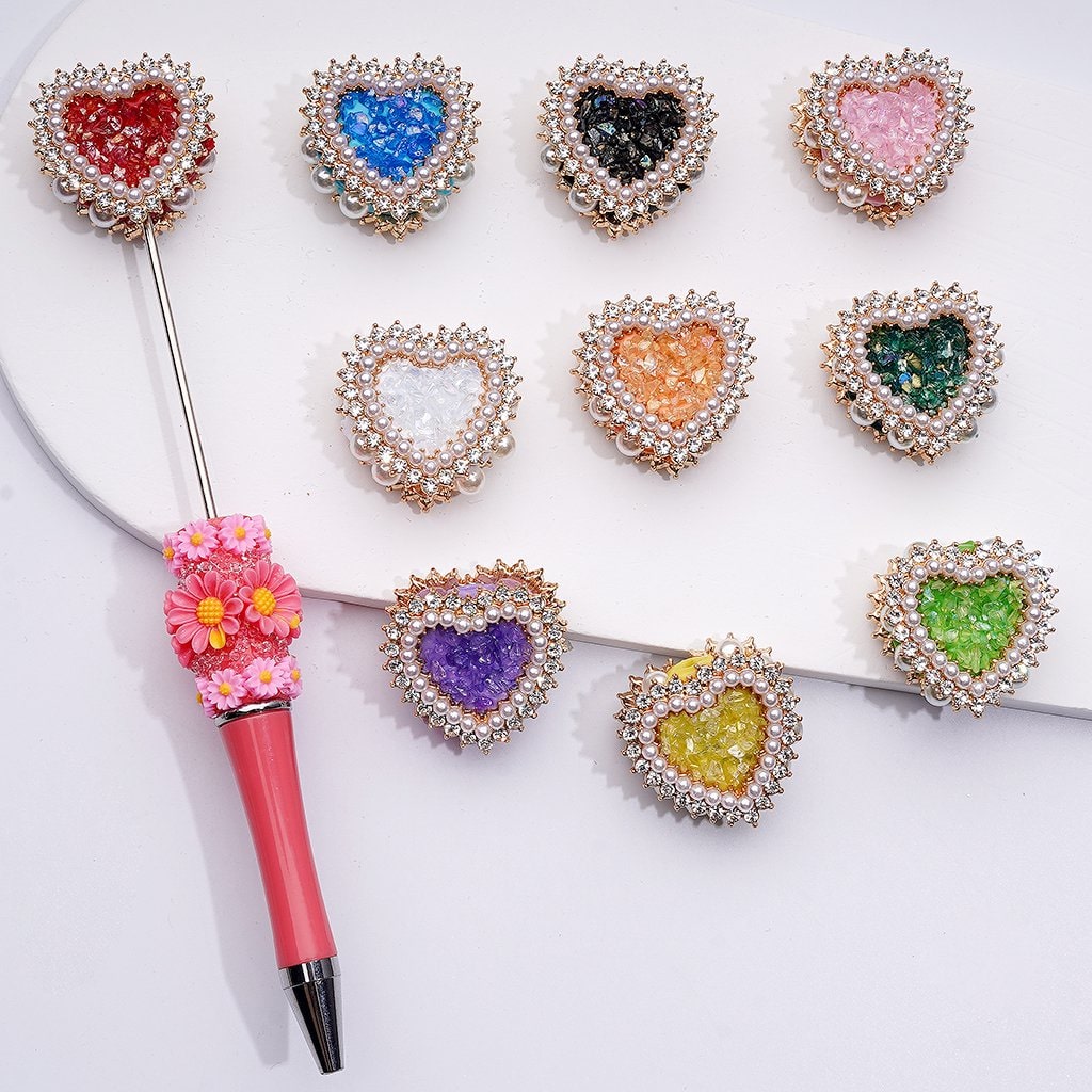Bling Bling Fancy Gold Alloy Heart with Shiny Rhinestones White Pearls Mini Stones Rocks Clay Beads, Around 28*28*13MM