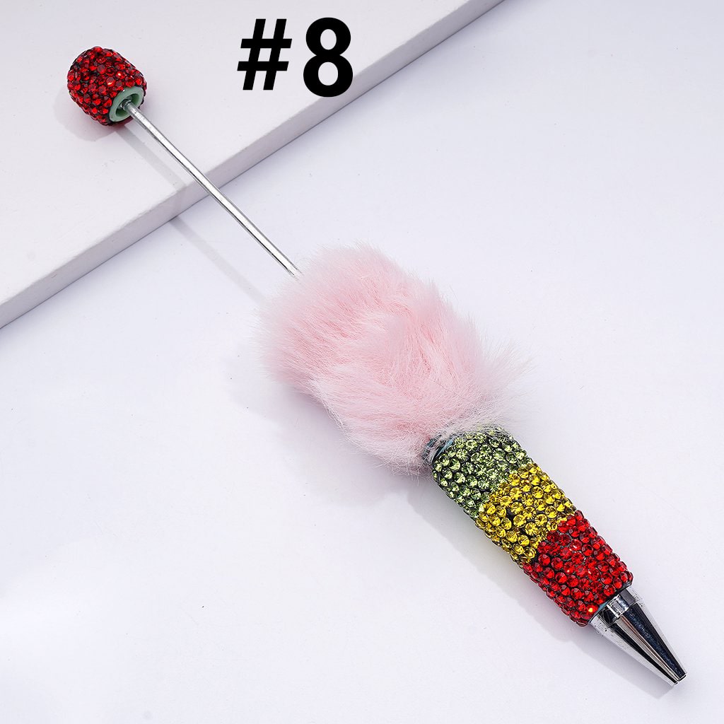 Beadable Clay Pom Pom Pens with Green Yellow Red Shiny Rhinestones Covered the Entire Pen