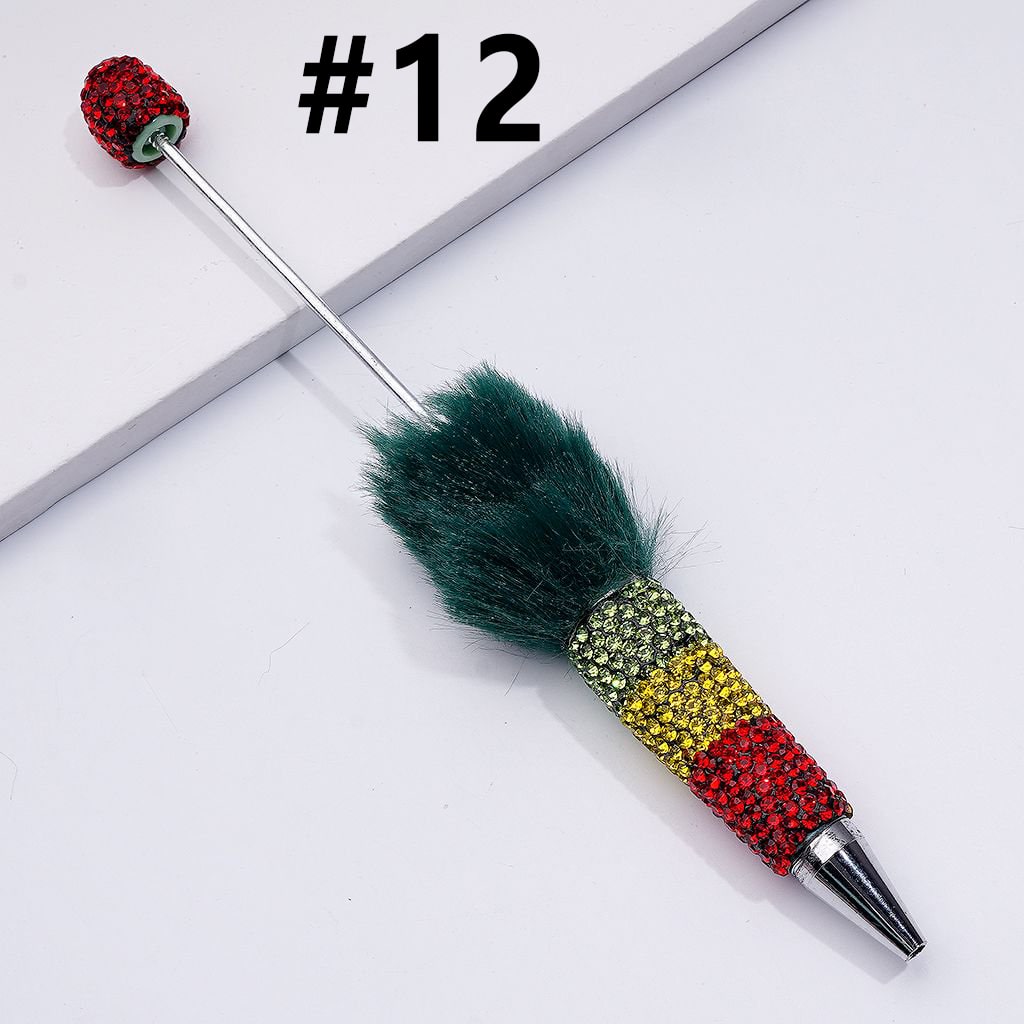 Beadable Clay Pom Pom Pens with Green Yellow Red Shiny Rhinestones Covered the Entire Pen