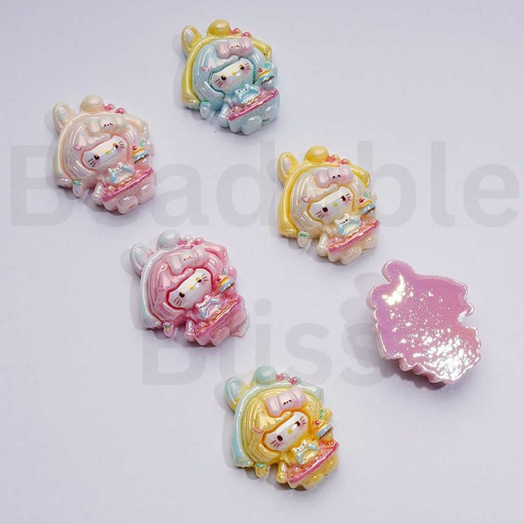 UV Coating Cute Vivid Sanri HK Kitten with Long Hair Dress Hair Band Girl Holds Ice Cream Acrylic Beads, Around 28*23MM, Random Mix