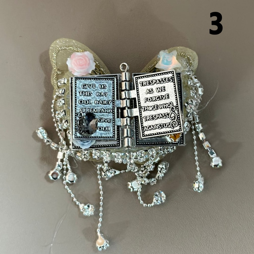 Delicate Fancy Gun Black Alloy Book with Clear Rhinestone Chains Large Crescent Moon Covered by Sugar Exquisite Fabric Butterfly Mini Cute Flower Heart Star Diamonds Beads, Around 59*45MM, Random Mix