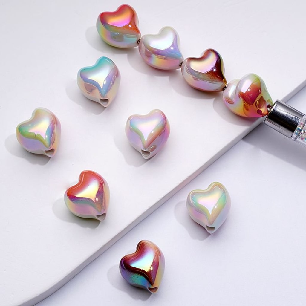 UV Coating Dazzling Colorful Irregular Hearts Acrylic Beads, Around 16*17MM, Random Mix