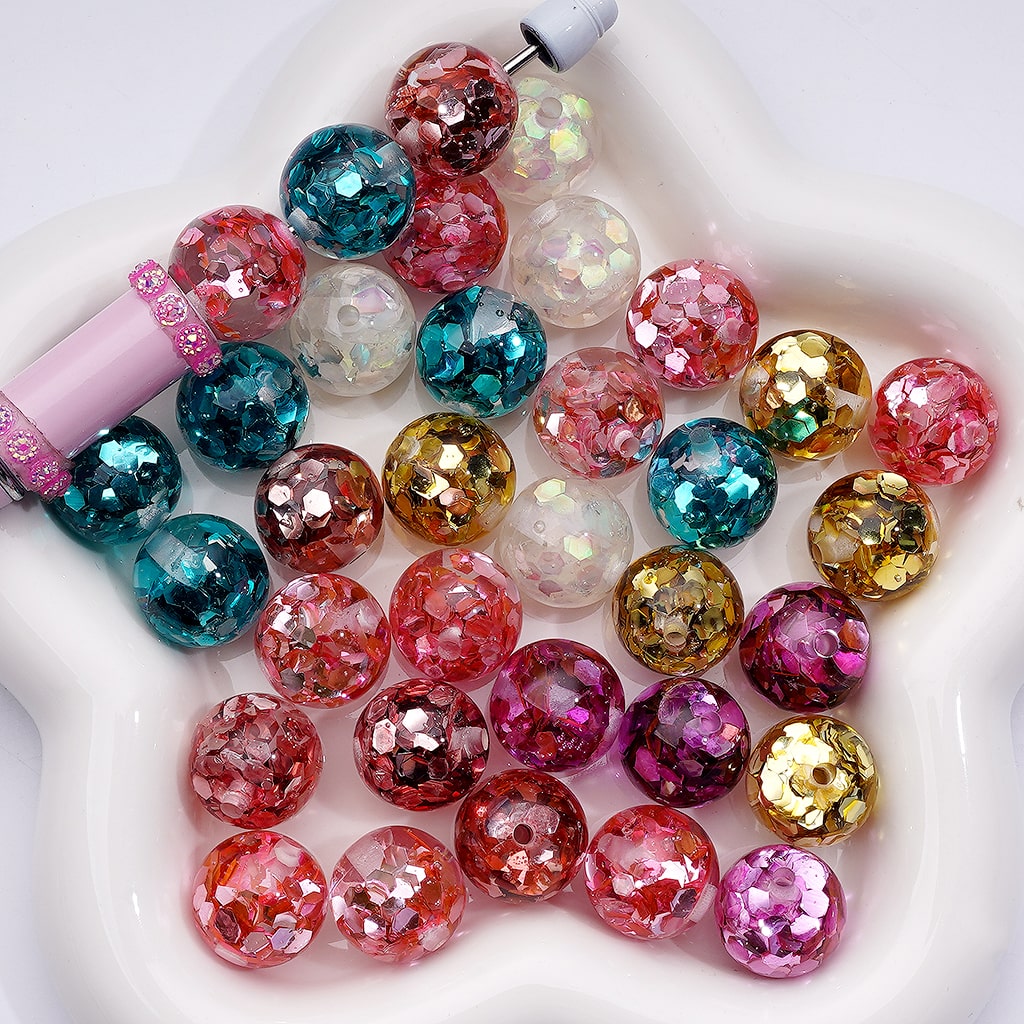 Multi-Color Translucent Round Acrylic Beads Shiny Hexagon Flakes Inside, 16MM