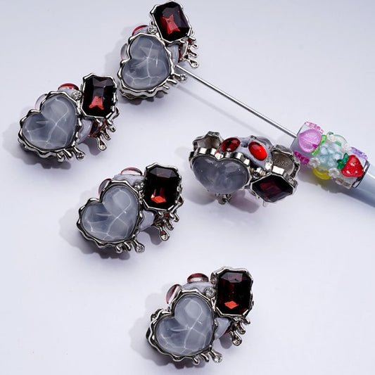 絶妙なファンシーシルバー合金ハート長方形フレーム、光沢のあるラインストーン粘土ビーズ付き、約42×28MM