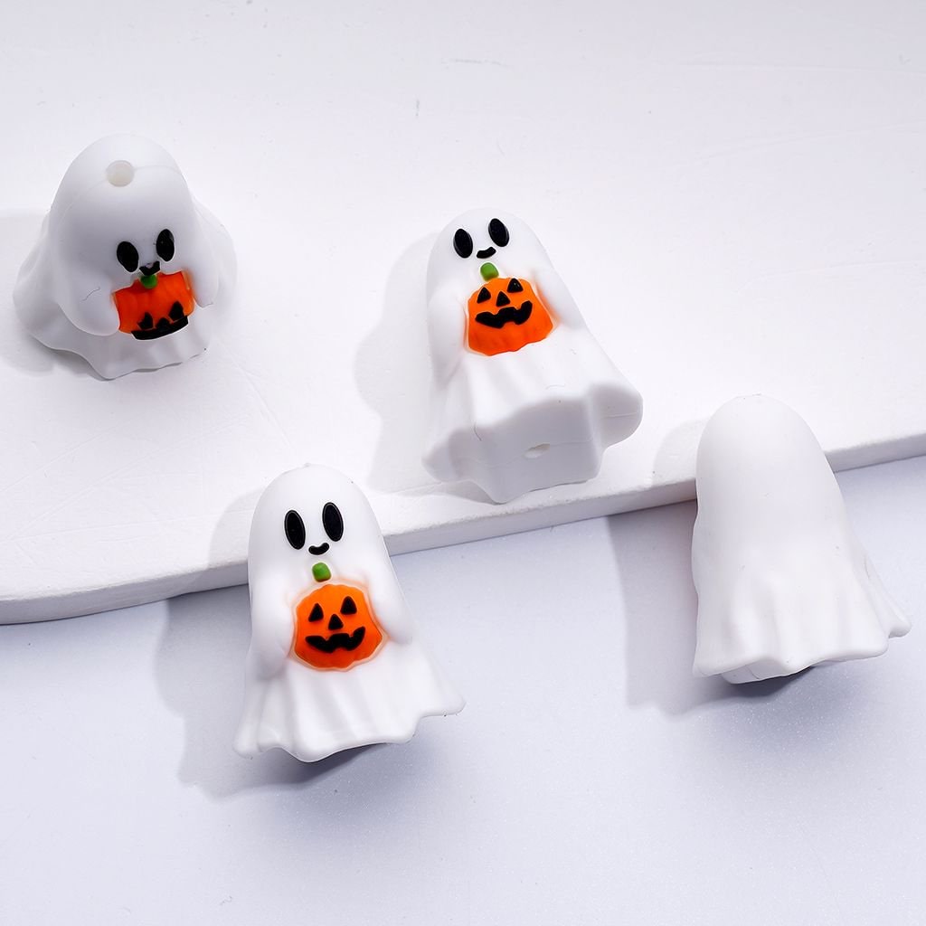 3D Little Cute White Ghost with Pink Heart Bowknot Pumpkin Halloween Silicone Focal Beads