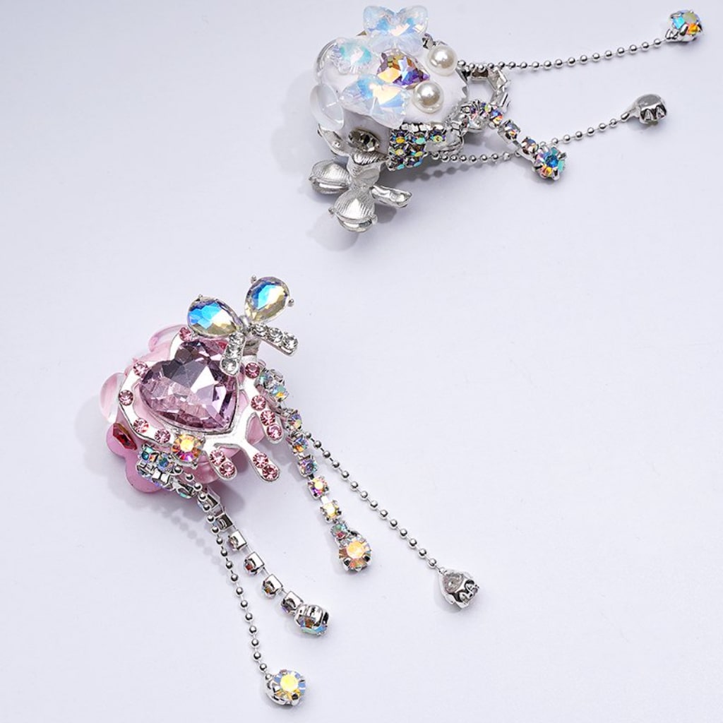 Exquisite Fancy Silver Alloy Hearts Bows with Shiny Rhinestones Chains Tassels White Pearls Cute Hearts Butterflies Stars Clay Beads, Around 30*60MM