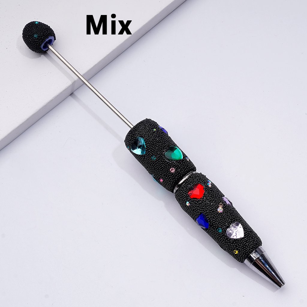 Beadable Clay Pens with Shiny Hearts Mini Colorful Rhinestones Black Snow Balls Covered the Entire Pen