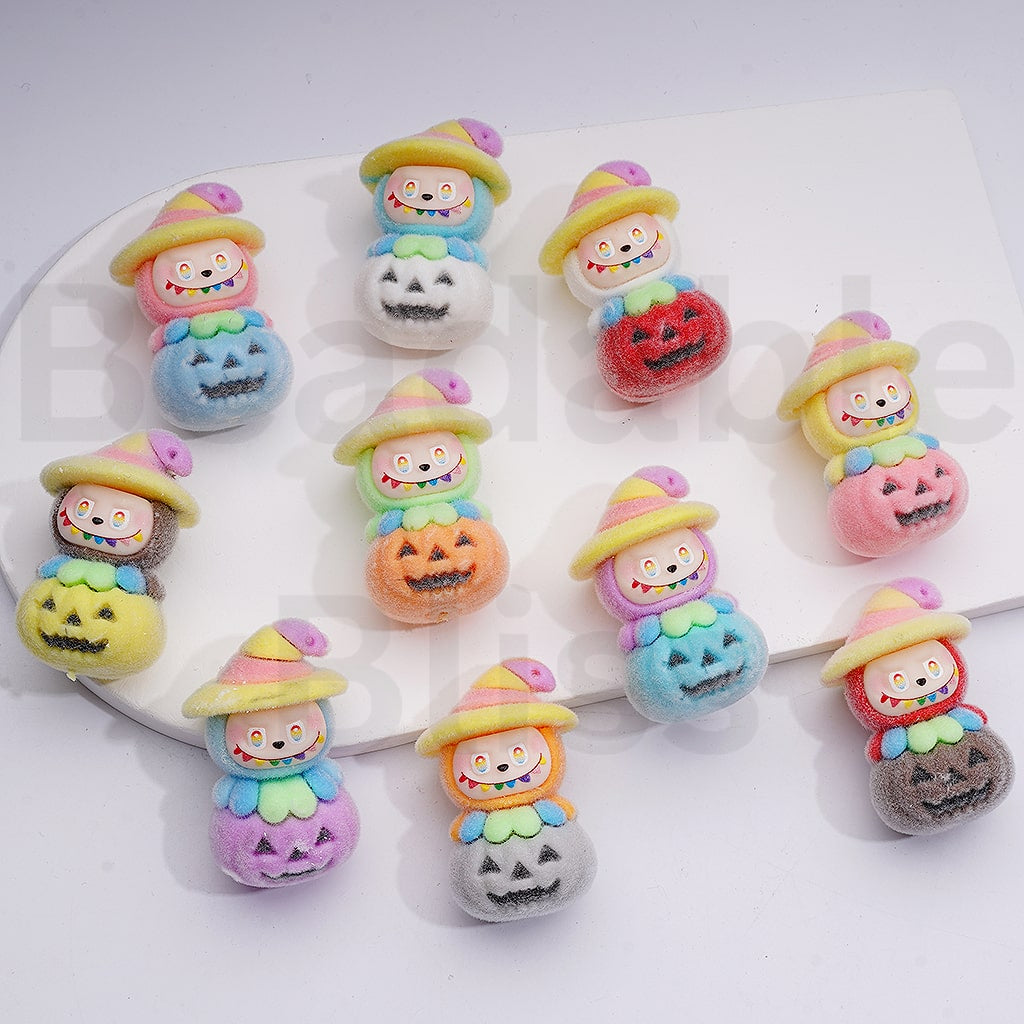 Cute Flocked Labub with Magic Hat on a Ghost Face Pumpkin Halloween Pendants Pen Topper Acrylic Beads Jewelry Accessories, 44*28MM, Random Mix