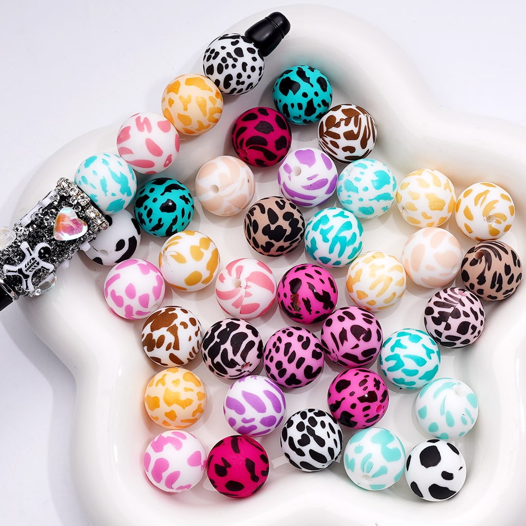 Multi- Color Cow Prints Silicone Beads 15MM, Number Z-00276