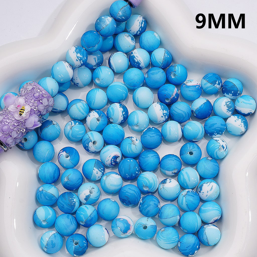 Blue Waves Printed Silicone Beads 9MM, Number Z-00264