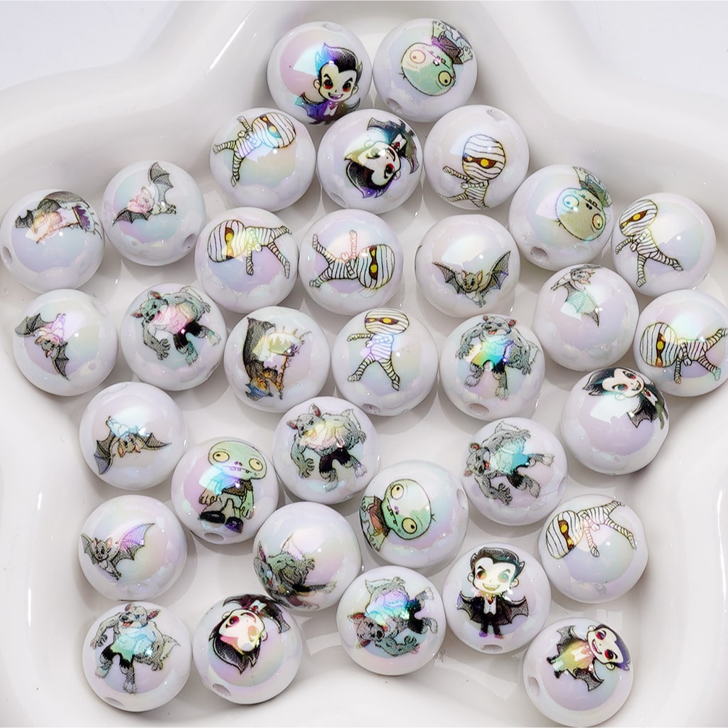 UV Coating Horror Vampire Mummy Bat Zombie Halloween Round Acrylic Beads, 16MM, Random Mix