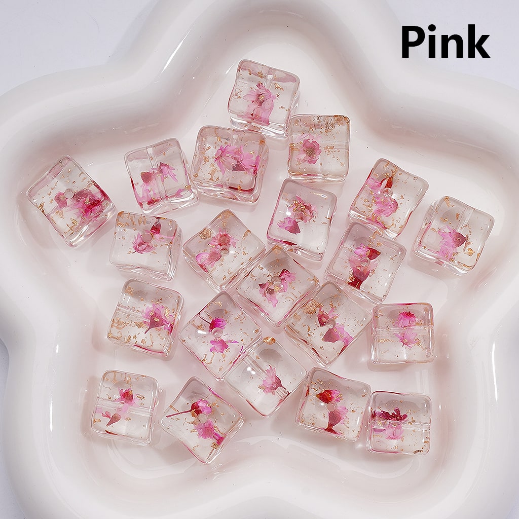 Multi-Color Dried Flowers Gold Foil Paper Inside Clear Cube Square Acrylic Beads, 14-15MM (Single Color is available for 200pcs(Whole bag))