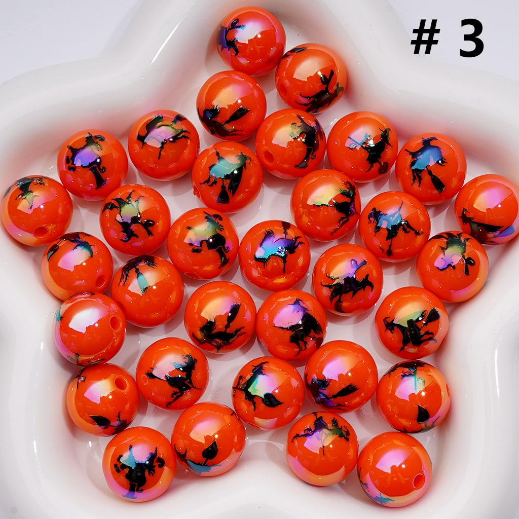 Orange Color Halloween Series Ghost Face Pumpkin White Ghost Skeleton Skull Head Black Cat Bat Wizard House Printed Acrylic Beads, 16MM (Single Color is available for 200pcs(Whole bag))