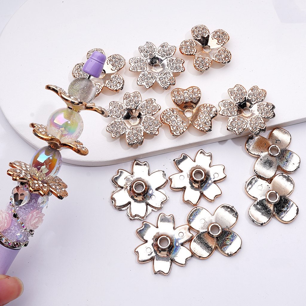 Gold Acrylic Cute Flower with Clear Rhinestones Jewelry Accessories Spacer, Around 30MM, Random Mix