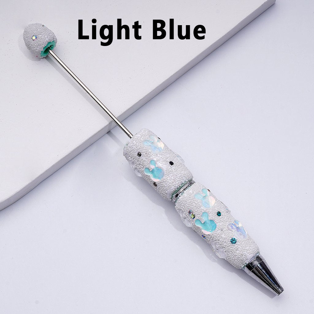 Beadable Clay Pens with Cute Bunny Heads Colorful Shiny Rhinestones Mini Snow Balls Covered the Entire Pen