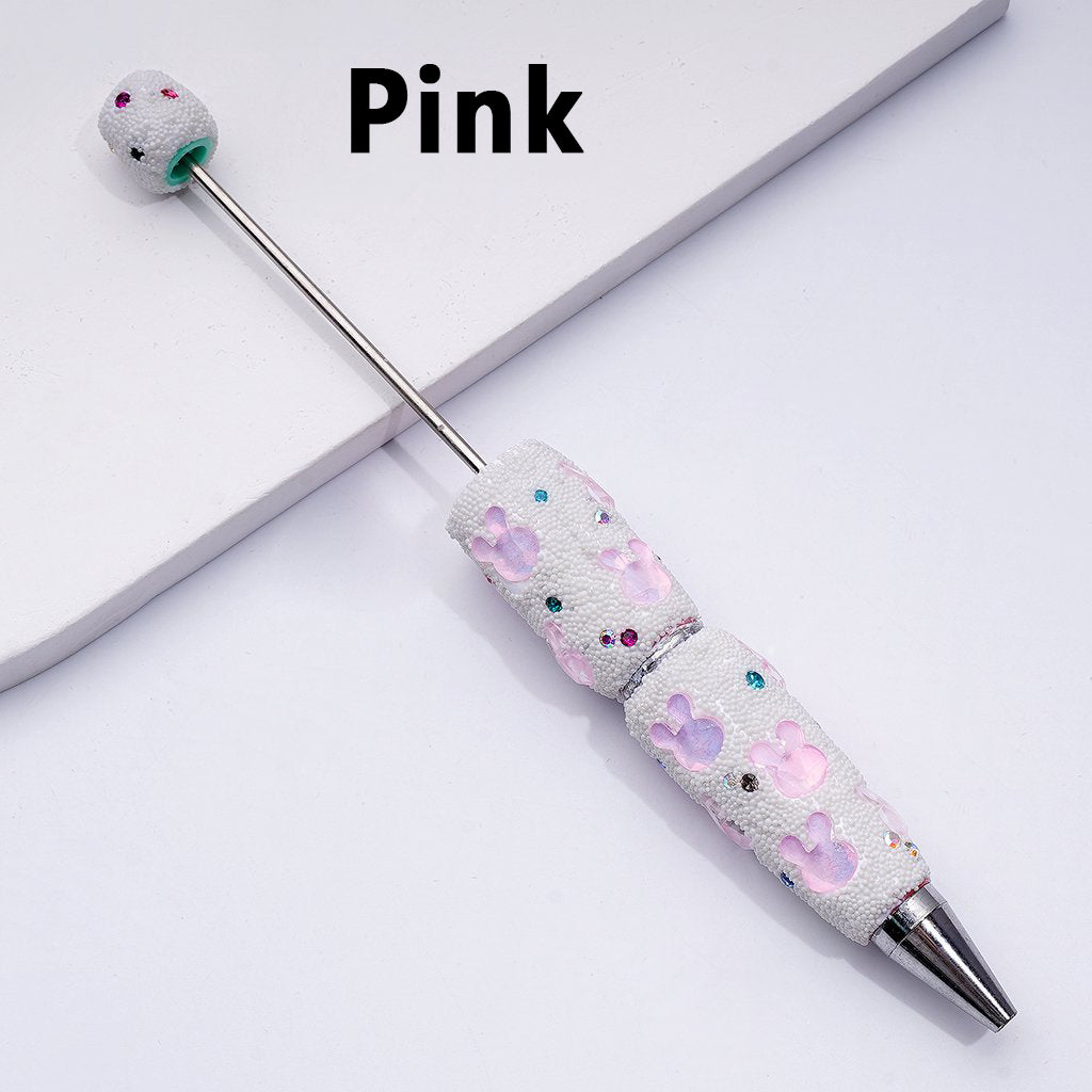 Beadable Clay Pens with Cute Bunny Heads Colorful Shiny Rhinestones Mini Snow Balls Covered the Entire Pen
