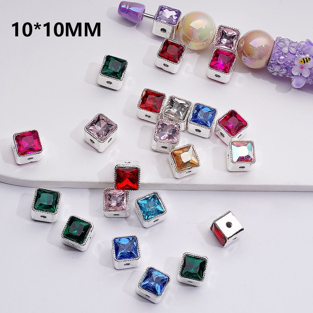 Silver Color Metal Beads Spacer Shiny Cube Square Rhinestones Jewelry Accessories, 10*10MM, Random Mix