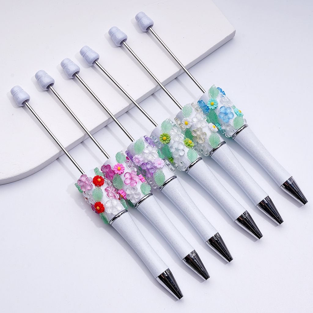 Exquisite White Glitter Beadable Pen with Cute Colorful Flowers Green Leaves Accessories