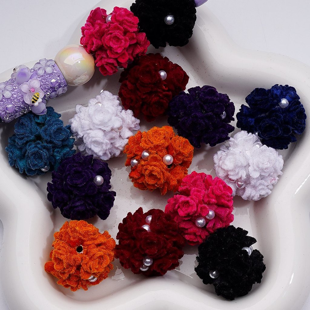 Cute Flocked Flowers White Pearls Round Clay Beads, 25MM, Random Mix
