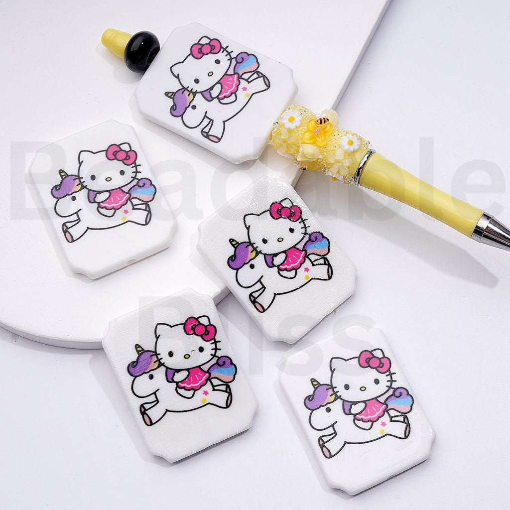 Cute HK Kitten with Blue Wings Ice Cream Drives a Car Unicorn Balloons Sanri Rectangle Flat Acrylic Beads, Around 45*35MM