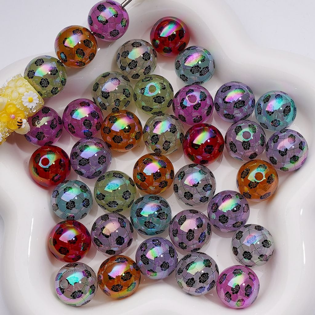 UV Coating Mini Black Rose Prints Translucent Multi-Color Acrylic Beads, 16MM, Random Mix