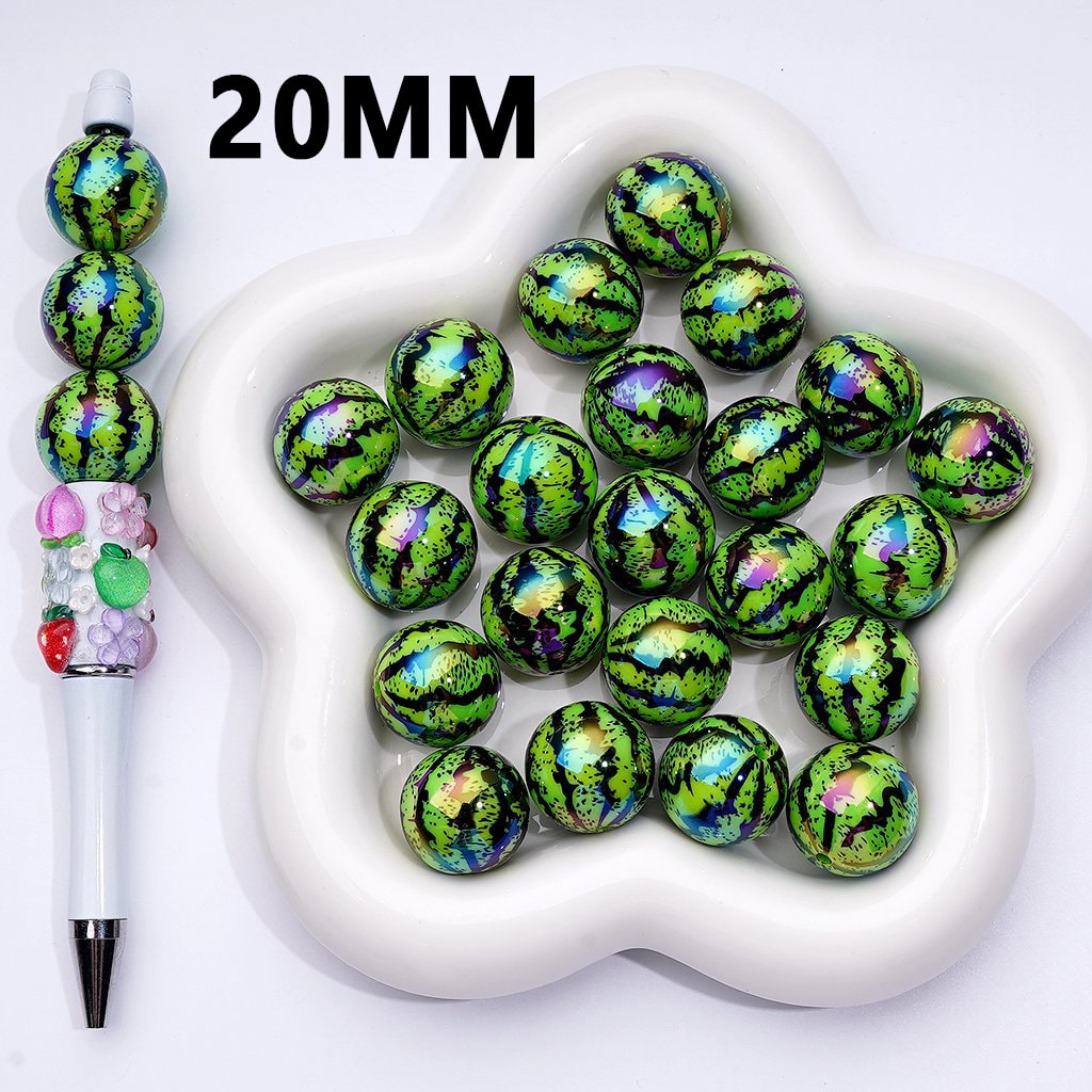 UV Coating Green Watermelon Prints Round Acrylic Beads, 20MM