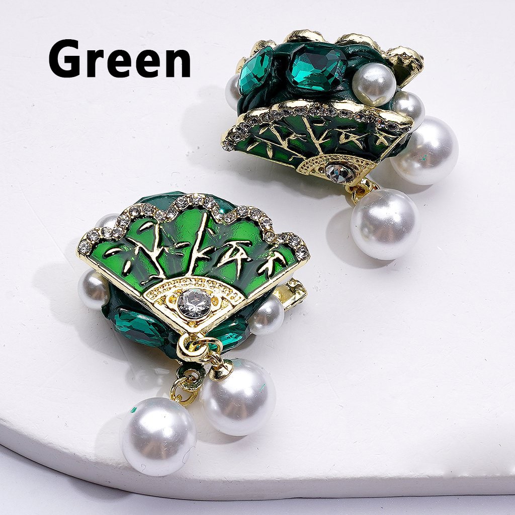 Exquisite Fancy Gold Alloy Vintage Fan with Clear Rhinestones White Pearls Pendants Clay Beads, Around 30*24MM