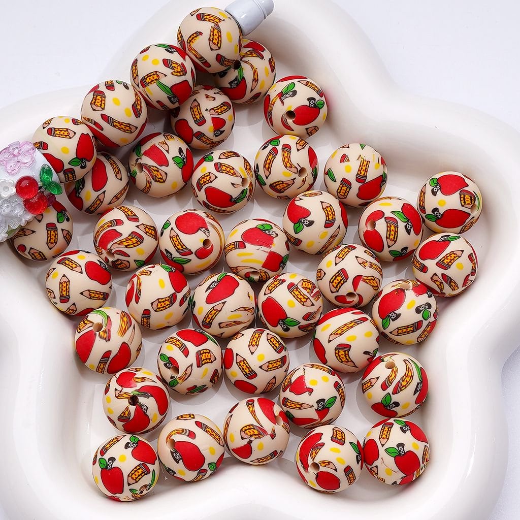 Red Apples Cute Pencils Teacher Printed Silicone Beads 15MM, Number Z-00233