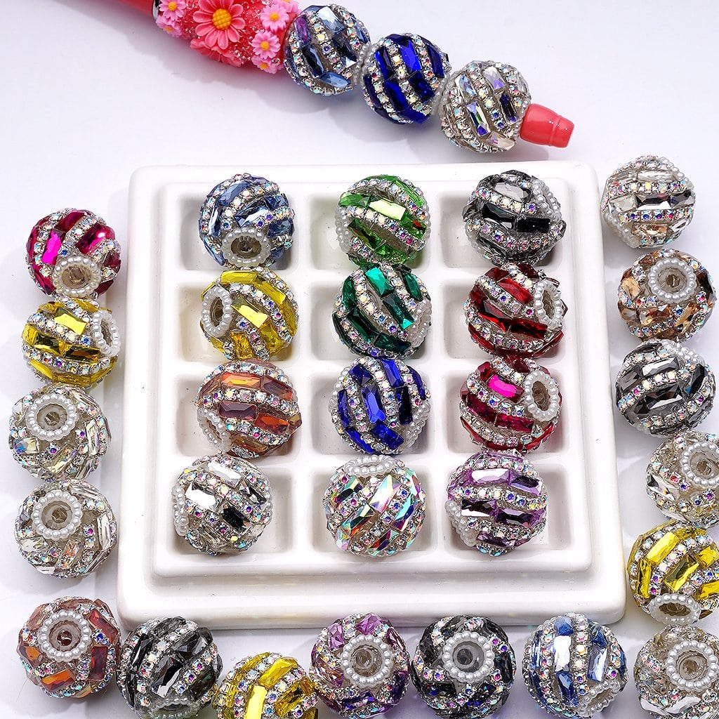 Spiral Style Shiny Rectangle & AB Rhinestones Chains White Pearls Loop Acrylic Beads, 20MM