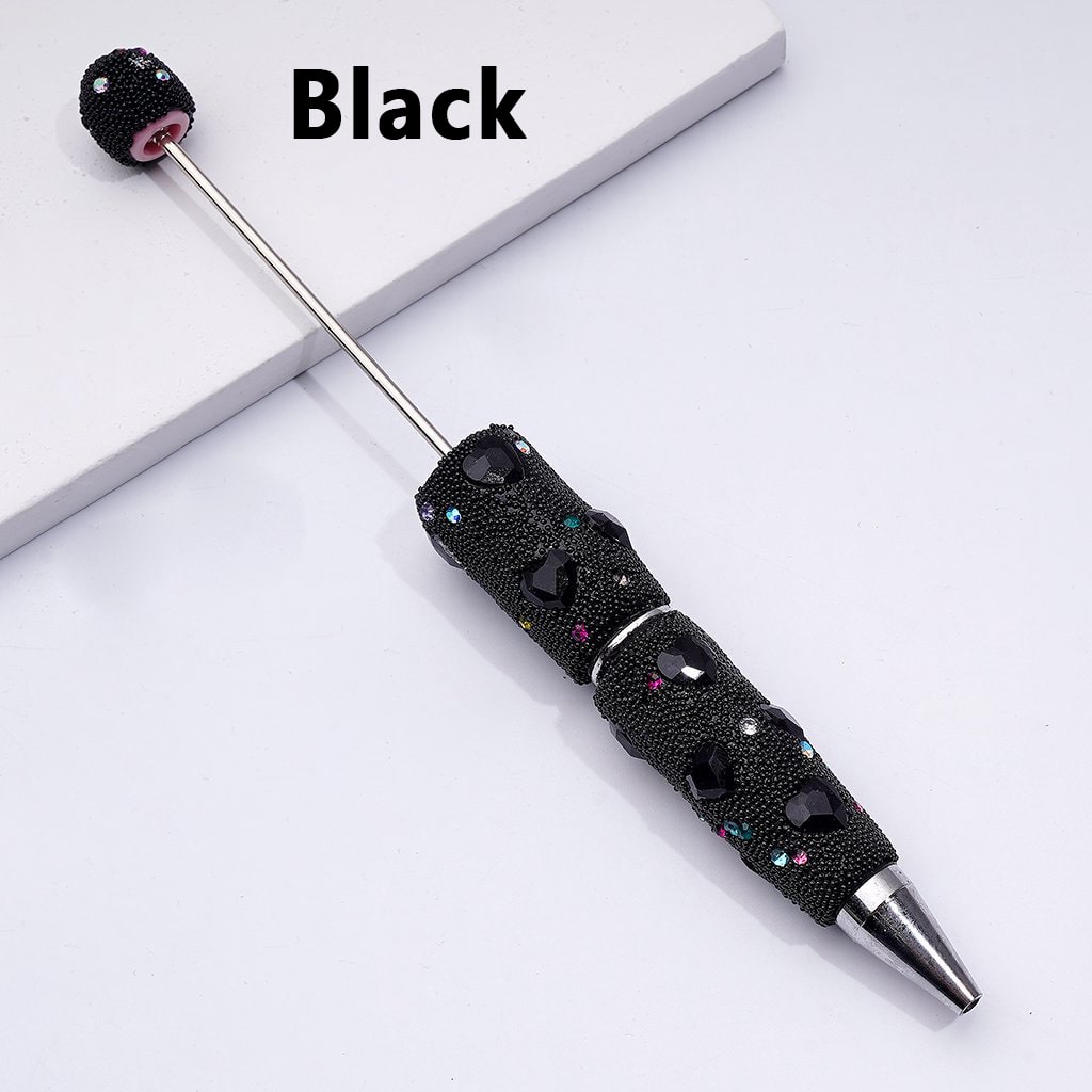 Beadable Clay Pens with Shiny Hearts Mini Colorful Rhinestones Black Snow Balls Covered the Entire Pen
