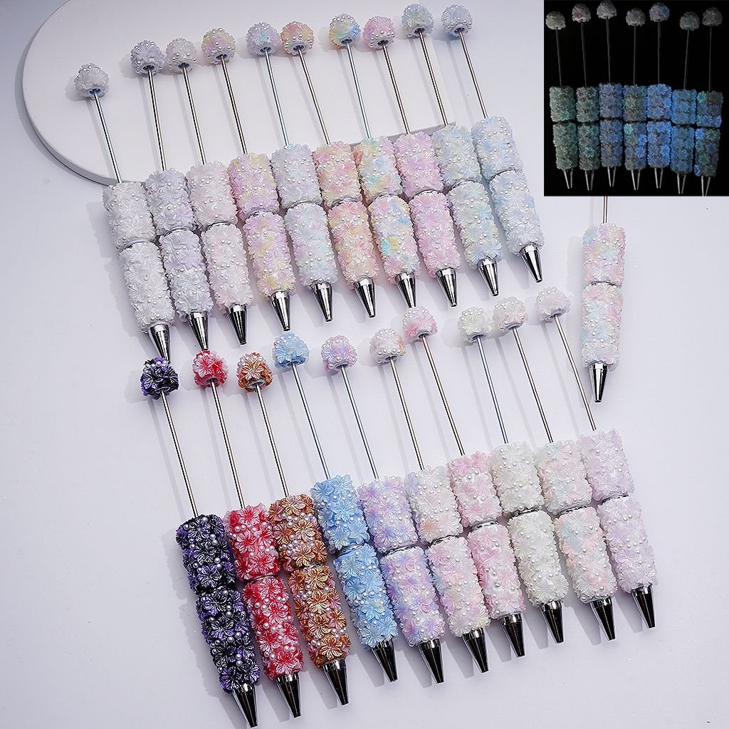 Luminous Double Color Shiny Flowers White Pearls Clay Pens, Random Mix